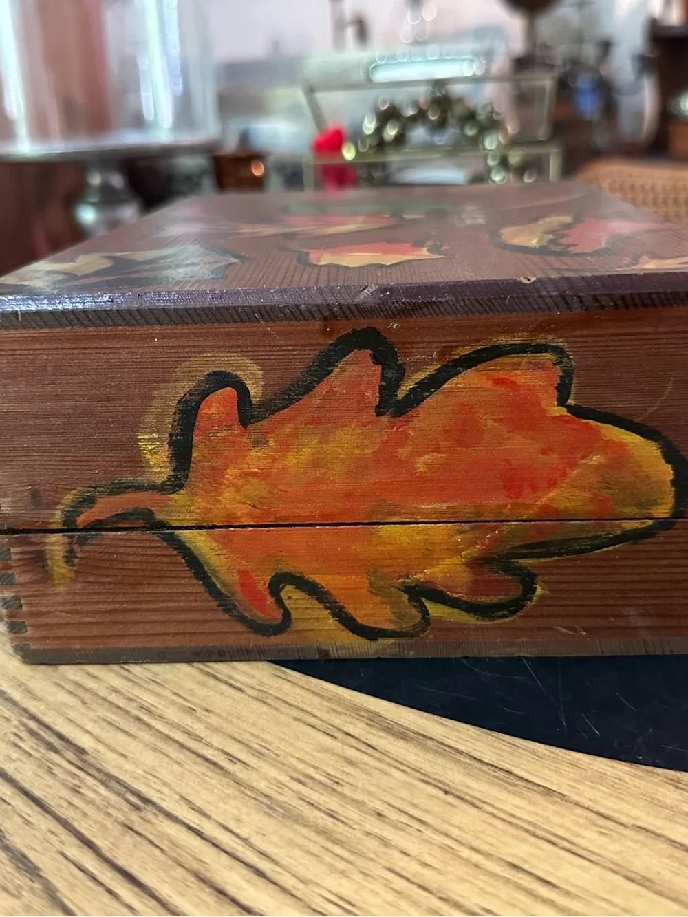 Vintage English leather wood box - handpainted and lined with daisy fabric